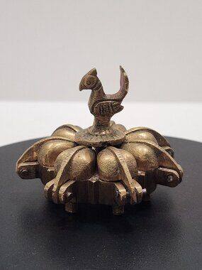 Vintage Indian Kankavati (Kumkum Box) 7 Compartments Lotus Shaped Peacock Finial